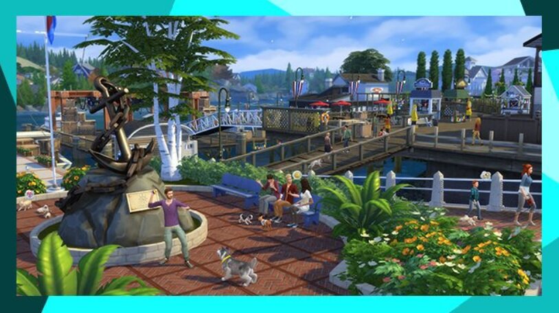 Dodatek do gry Electronic Arts The Sims 4 Psy i koty na PC pokazane miasteczko ze zwierzętami w grze