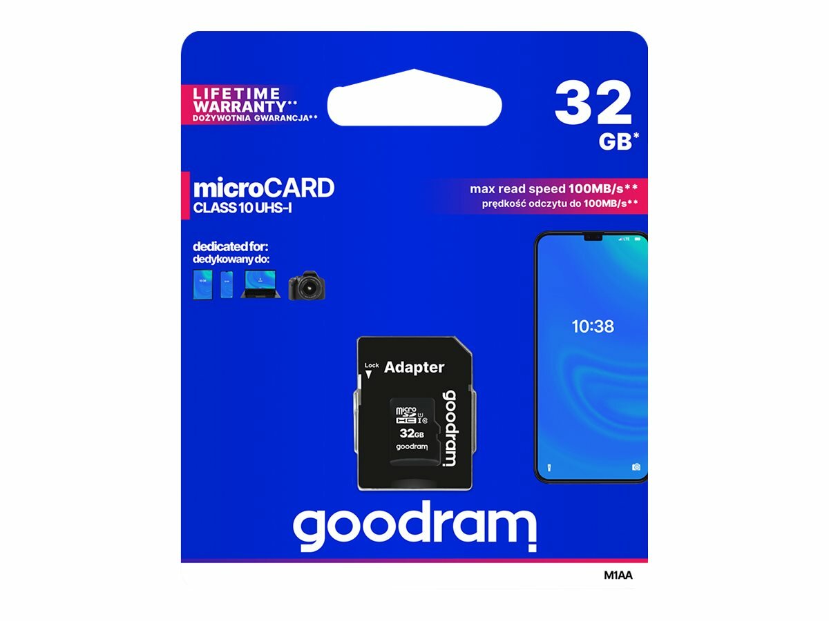 Karta pamięci GOODRAM 32GB microSDHC 100MB/s C10 UHS-I U10 M1AA-0320R12 opakowanie karty - widok od przodu