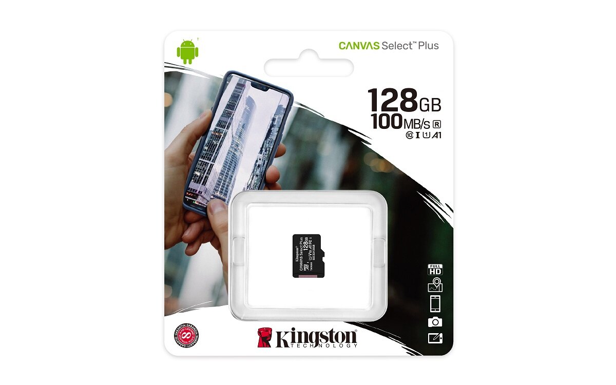Karta pamięci Kingston micSDXC Canvas SelectPlus 128GB od frontu w pudełku