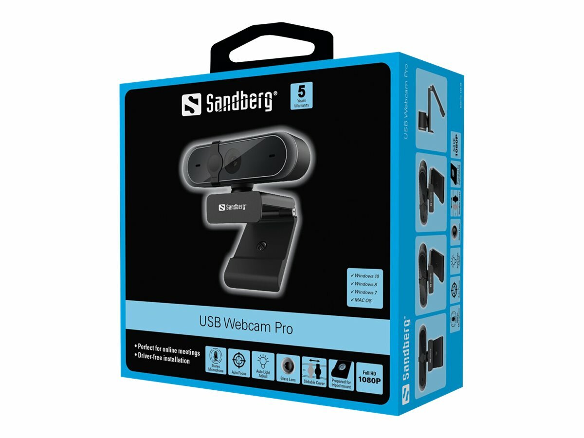 Kamera Sandberg USB Webcam Pro czarna w pudełku po skosie na białym tle