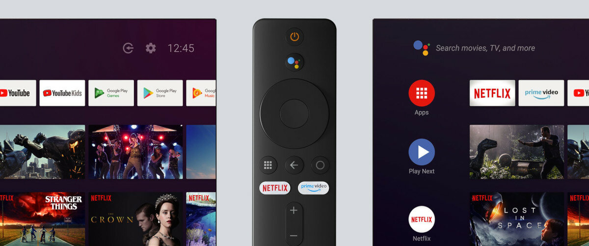 Odtwarzacz multimedialny Xiaomi Mi TV Stick widok na pilota z interface'm urządzenia w tle