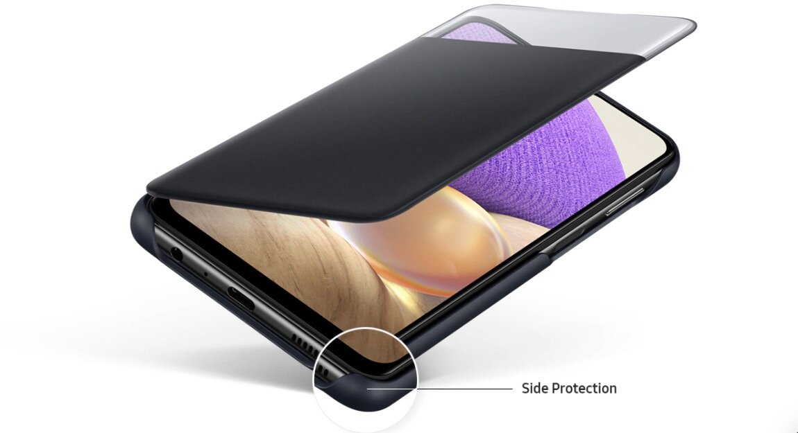 Etui Samsung Smart S View Wallet Cover do Galaxy A32 (5G) white EF-EA326PBEGEE widok na dolną część etui zbliżenie na wzmocnione elementy etui