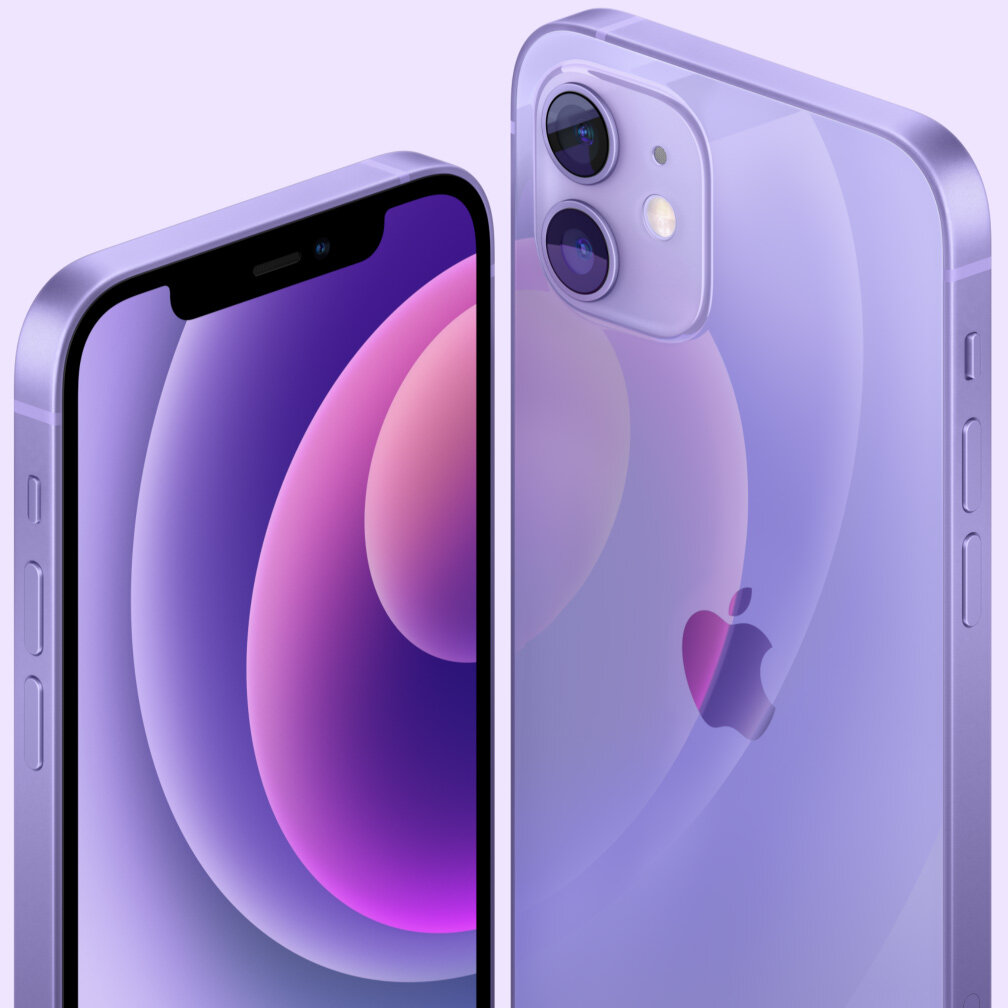 Smartfon Apple iPhone 12 MJNQ3PM/A Purple zbliżenie na górną część telefonu widok na ekran i aparaty
