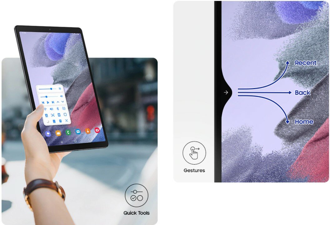 Tablet Samsung Galaxy Tab A7 Lite WiFi T220 szary obsługiwanie tabletu jedną ręką