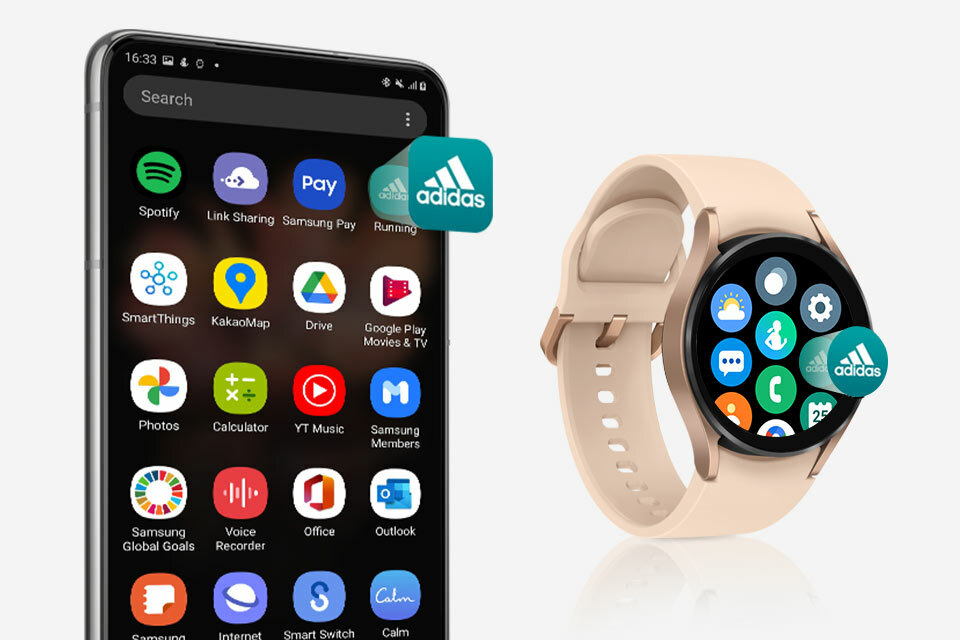 Smartwatch Samsung Galaxy Watch 4 R8652 widok na smartfon i zegarek z tą samą aplikacją