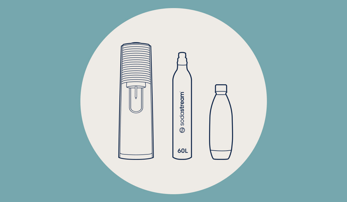 Saturator SodaStream Terra grafika przedstawia rysunek saturatora wraz z cylindrem i butelką