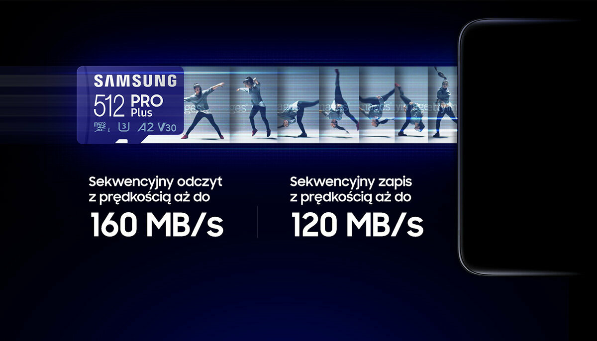 Karta pamięci Samsung PRO Plus MB-MD256KB microSDXC 256GB z czytnikiem pokazana szybkość odczytu i zapisu(obraz symulowany)
