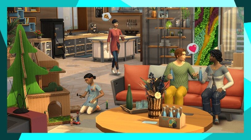 Dodatek do gry Electronic Arts The Sims 4 Życie eko na PC pokazane Simy i domek z kartonu