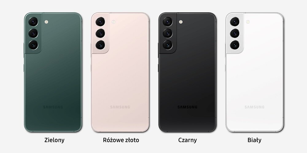 Smartfon Samsung Galaxy S22 SM-S901 SM-S901BIDGEUE widok na plecki telefonu w czterech odcieniach