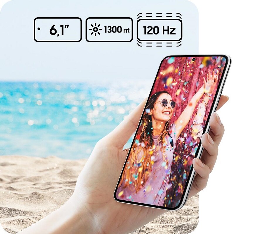 Smartfon Samsung Galaxy S22 SM-S901 SM-S901BIDGEUE widok na ekran smartfona w dłoni pod skosem w lewo