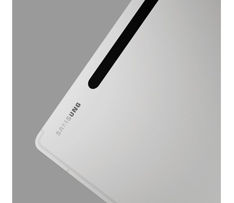 Tablet Samsung Galaxy Tab S8 SM-X706 SM-X706BZSAEUE widok na róg tabletu w kolorze srebrnym ze zbliżeniem na logo Samsung