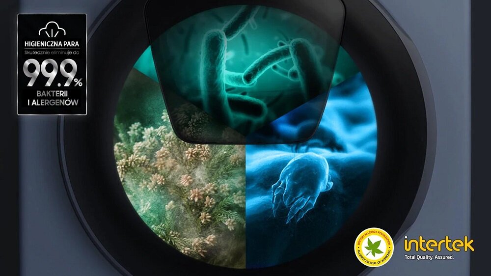Pralko-suszarka Samsung WD10T534DBE widok na grafikę przedstawiającą usuwane alergeny, brud i bakterie