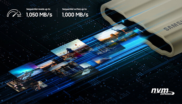 Dysk SSD Samsung T7 Shield 1TB MU-PE1T0S/EU czarny pokazana prędkość odczytu i zapisu