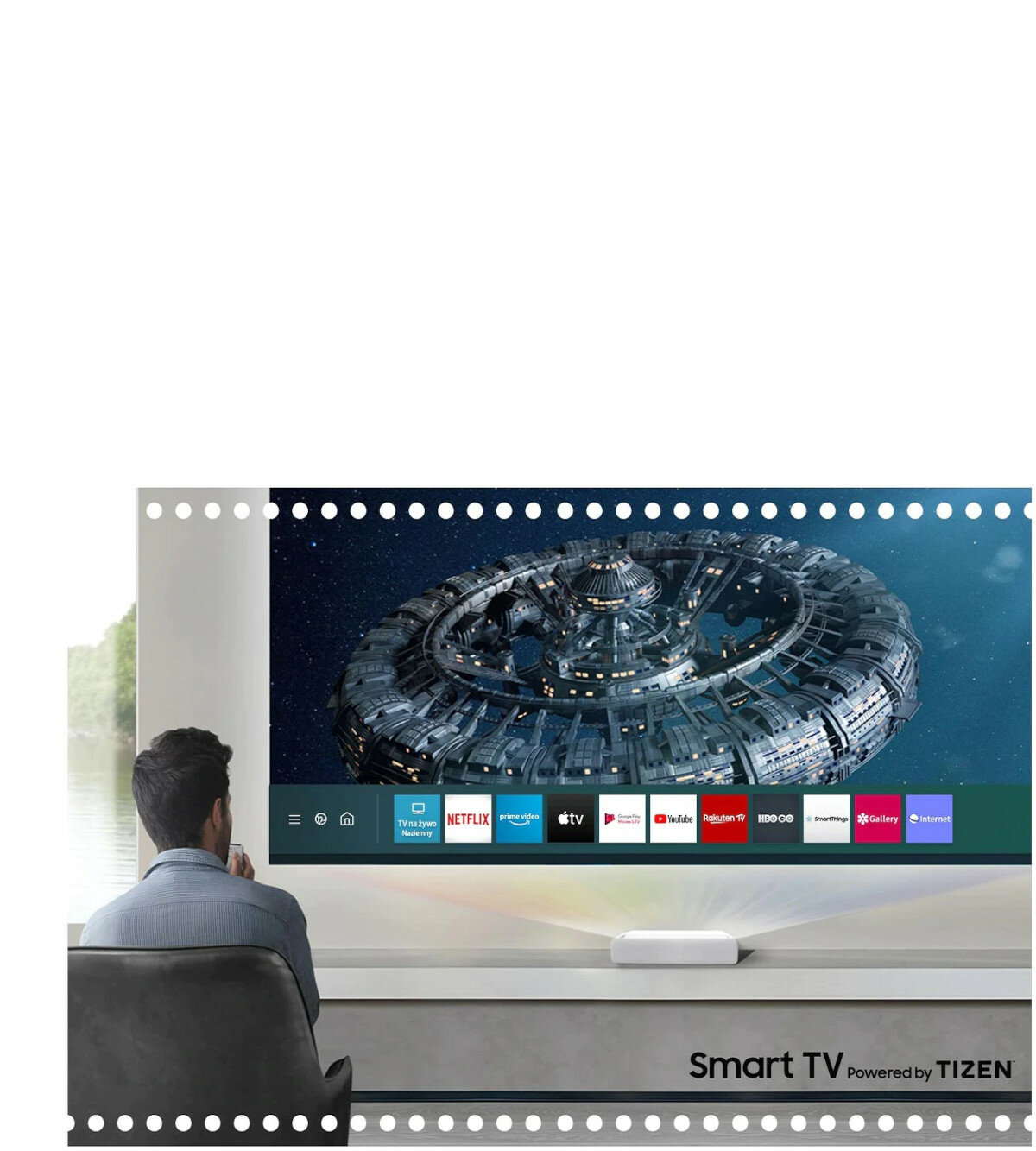 Projektor Samsung SP-LSP7TFAXXH 90-120' pokazana funkcja smart tv