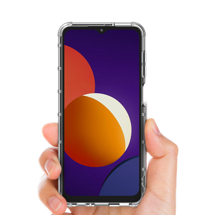 Etui Samsung GP-FPM127KDABW brązowe do Galaxy M12 pokazany telefon w ręku