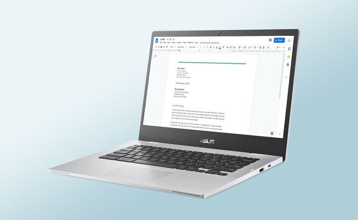 Laptop Asus Chromebook CX1 (CX1400) CX1400CNA-EK0139 otwarty widok lekko po skosie