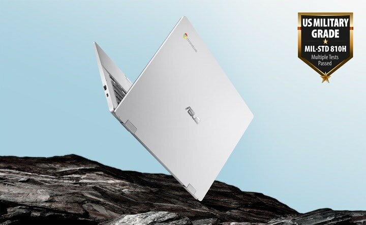 Laptop Asus Chromebook CX1 (CX1400) CX1400CNA-EK0139 laptop dotykający swoim wierzchołkiem skały