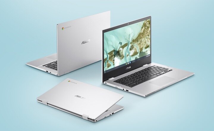 Laptop Asus Chromebook CX1 (CX1400) CX1400CNA-EK0139 widok na trzy laptopy z różnycgch stron