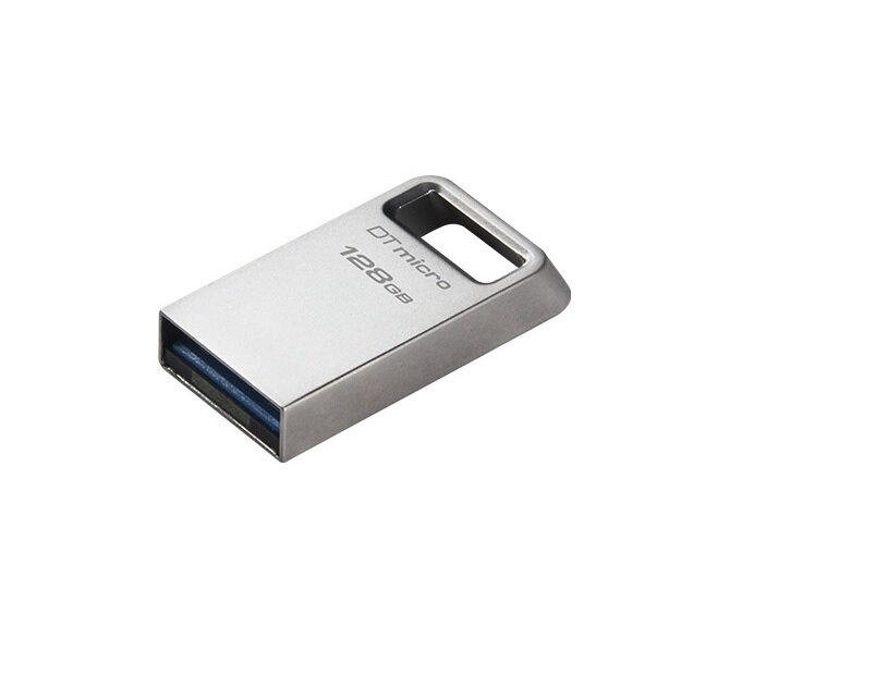 Pendrive Kingston DataTraveler Micro 128GB srebrny pod skosem na białym tle