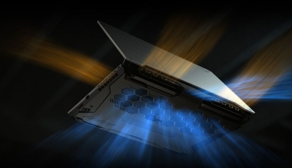 Laptop Asus TUF Gaming F15 15,6' 16/512GB grafika przedstawia laptop pod skosem od tyłu z wizualizacją przepływu ciepłego i zimnego powietrza
