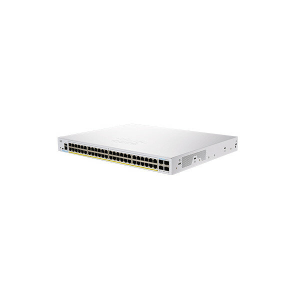 Switch Cisco CBS350 48-portów widoczny pod skosem
                