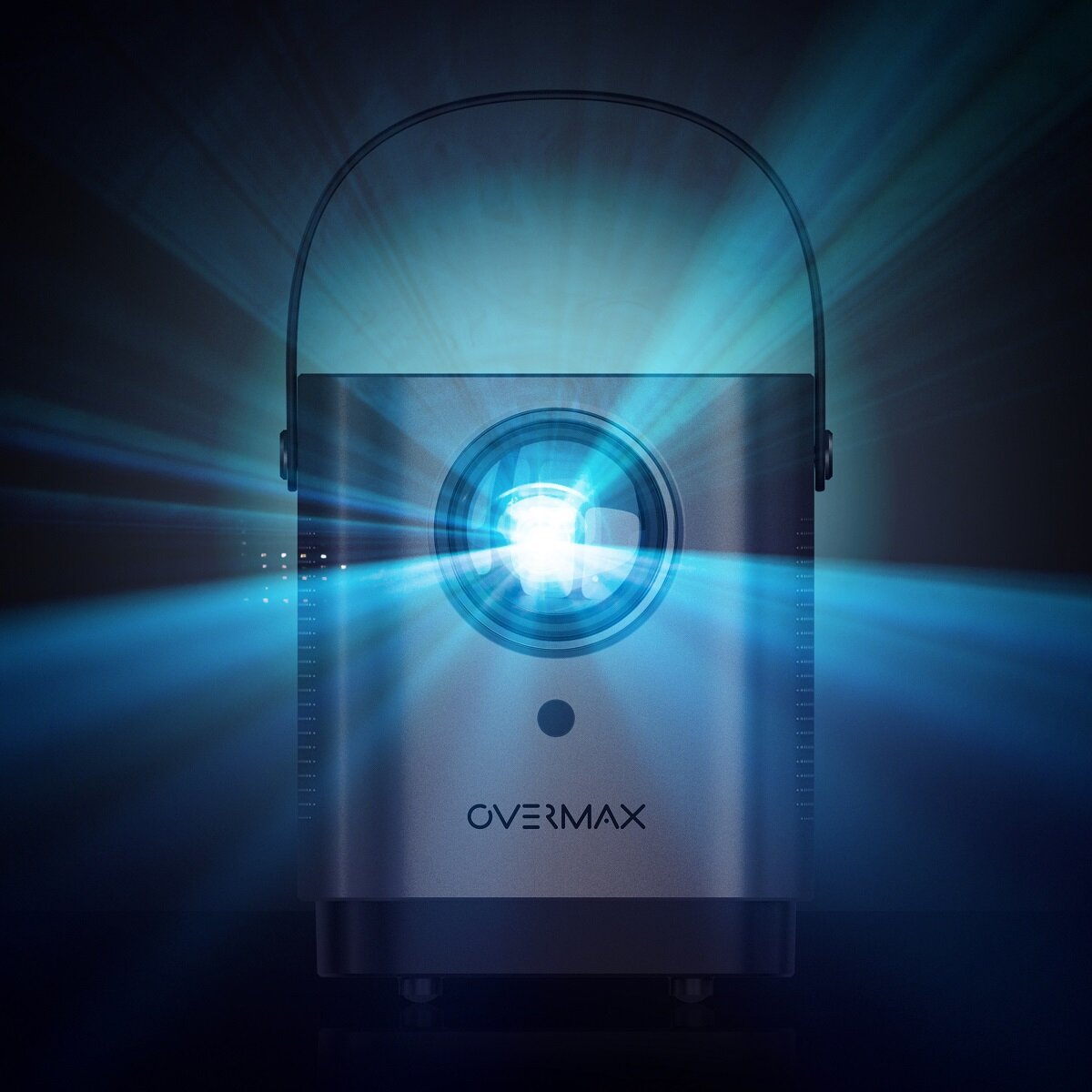 Projektor Overmax Multipic 3.6 LED widok projektora od przodu na kolorowym tle