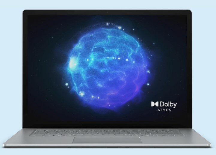 Laptop Microsoft Surface 5 13' i5/8GB/256GB/Win11 czarny widok od frontu, na ekranie logo Dolby Atmos