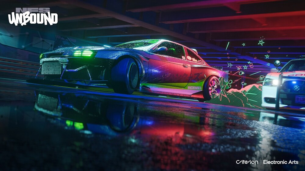 Gra Electronic Arts Need for Speed Unbound widok na kadr z gry z widocznym jadącym samochodem