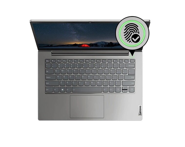Laptop Lenovo ThinkBook 14 G2 i5 otwarty widoczny od góry z grafiką czytnika odcisków palców