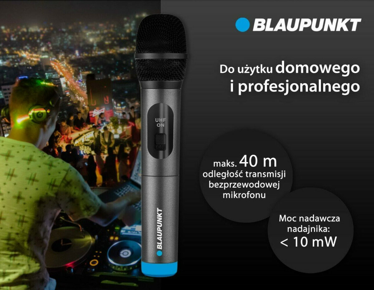 Mikrofon bezprzewodowy Blaupunkt UHF WM40U grafika z mikrofonem od frontu, z cechami mikrofonu i koncertem dj'a w tle