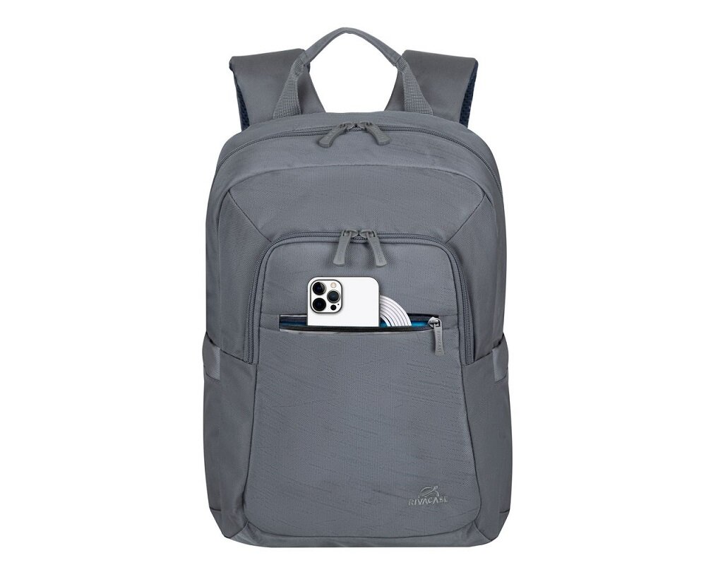 Plecak na laptopa Rivacase Eco Alpendorf 7523 13,3 - 14' szary widok na plecak od frontu ze smartfonem i kablem w kieszeni przedniej