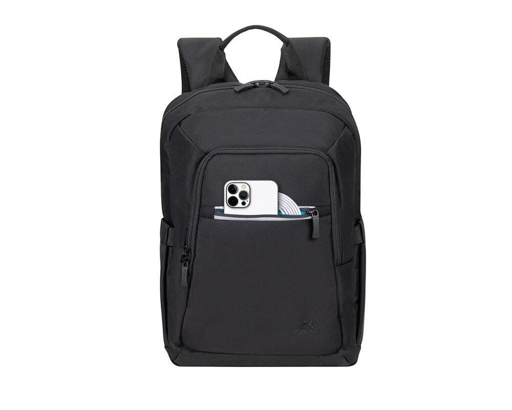 Plecak na laptopa Rivacase Eco Alpendorf 7523 13,3 - 14' czarny widok na plecak od frontu ze smartfonem i kablem w kieszeni przedniej