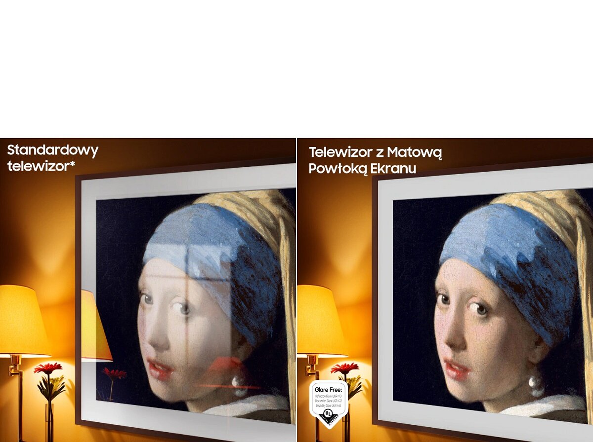 Telewizor Samsung The Frame LS03BG grafika przedstawiająca różnicę w telewizorze z matową powłoką ekranu