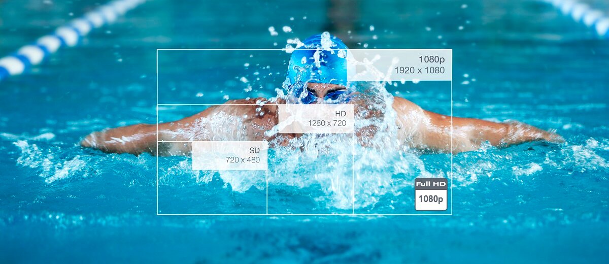 Projektor Optoma ZH450 Full HD ze zdjęciem pływaka z grafiką porównującą rozdzielczość