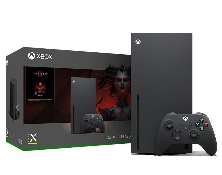 Konsola XBOX Series X 1TB i gra Diablo IV pokazane opakowanie, konsola i kontroler frontem