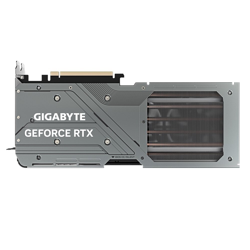 Karta graficzna Gigabyte GeForce RTX 4070 Gaming OC 12GB grafika przedstawia kartę graficzną od tyłu z widoczną metalową płytką ochronną
