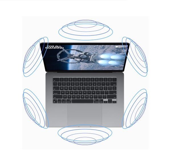 Laptop Apple MacBook Air 2023 15.3 Retina M2 8/256GB Gwiezdna Szarość od góry z grafiką źwięku