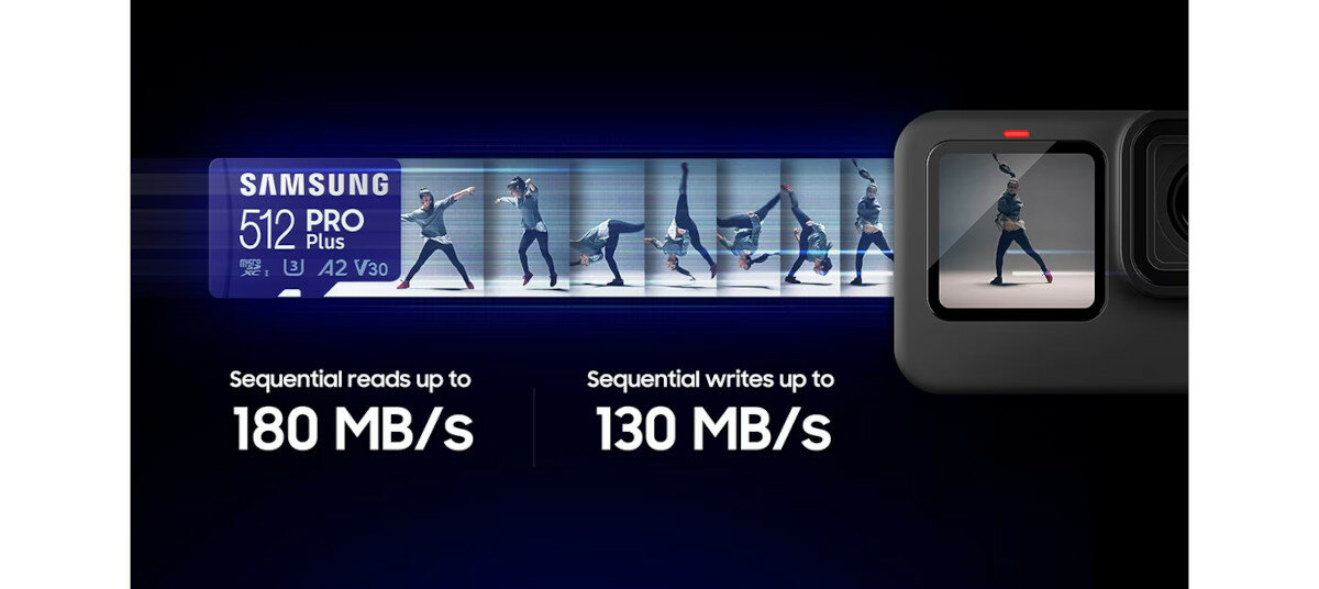 Karta pamięci microSD Samsung PRO Plus 2023 + czytnik grafika przedstawiająca szybkość odczytu i zapisu