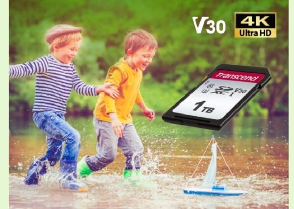 Karta pamięci Transcend SDC300S SDXC 1TB karta pamięci na tle dzieci bawiących się w wodzie