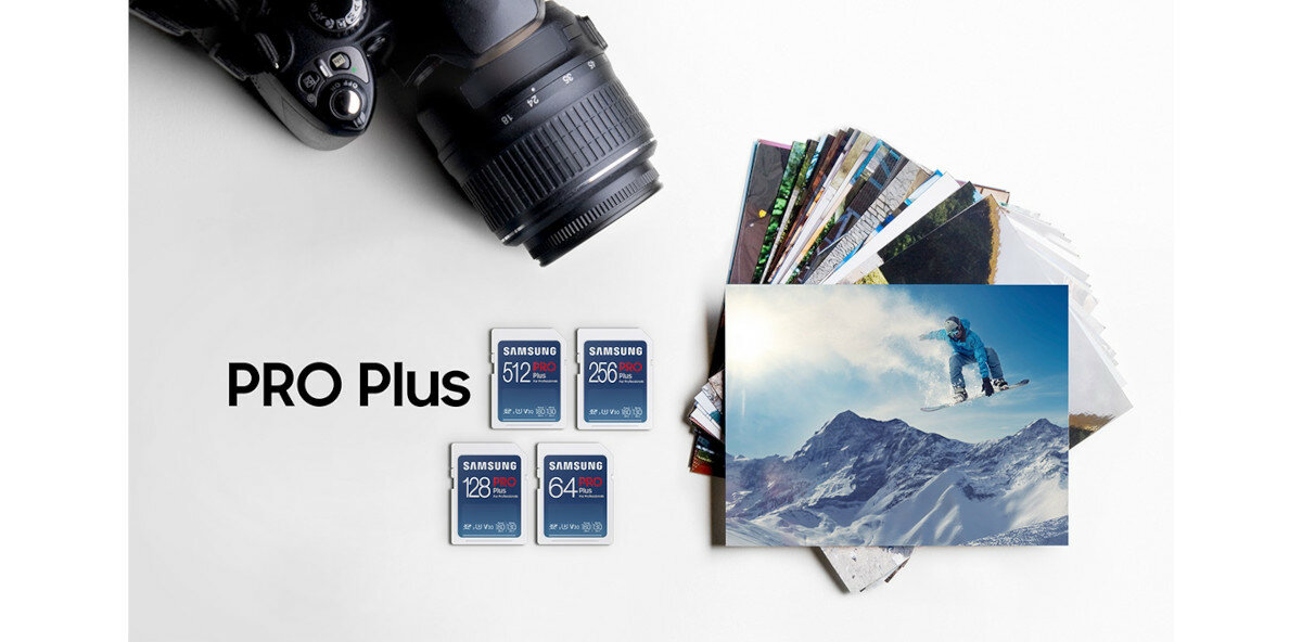 Karta pamięci SD Samsung PRO Plus 2023 z czytnikiem grafika przedstawiająca różne pojemności kart wraz z wywołanymi zdjęciami i aparatem w tle