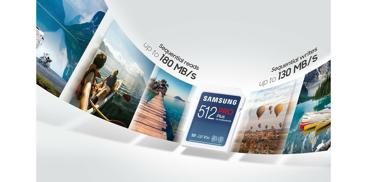 Karta pamięci SD Samsung PRO Plus 2023 z czytnikiem grafika przedstawiająca szybkość odczytu i zapisu