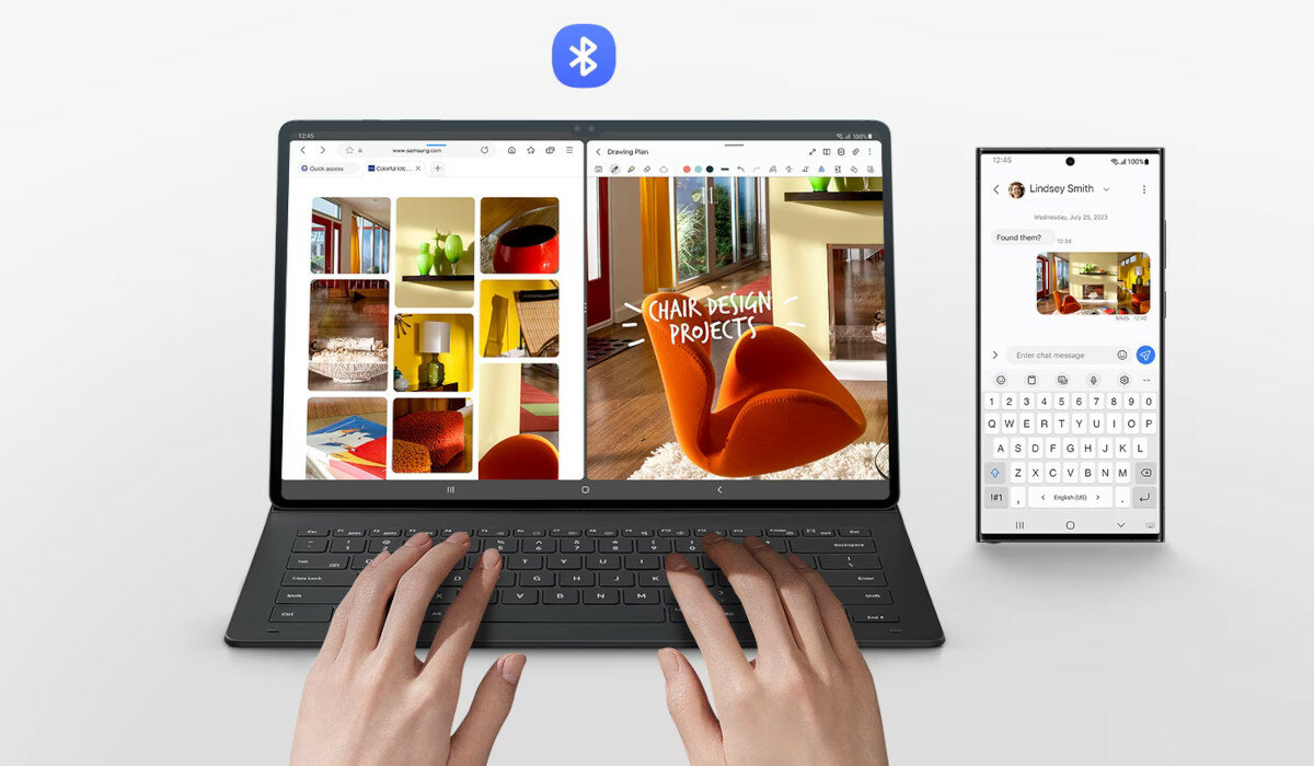 Etui z klawiaturą Samsung Book Cover Keyboard Slim do Tab S9 Ultra czarne tablet w etui z klawiaturą frontem obok telefonu