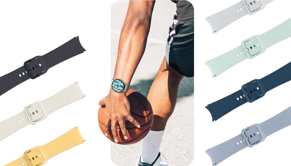 Pasek sportowy Samsung ET-SFR94 do Galaxy Watch6 M/L widok na zegarek na ręce mężczyzny grającego w koszykówkę oraz różne kolory pasków po bokach