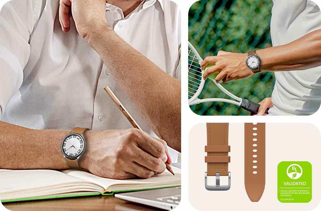Pasek z eko-skóry Samsung ET-SHR96 do Galaxy Watch6 M/L mężczyzna z zegarkiem na ręku piszący w zeszycie, mężczyzna z zegarkiem na ręku grający w tenisa i beżowy pasek