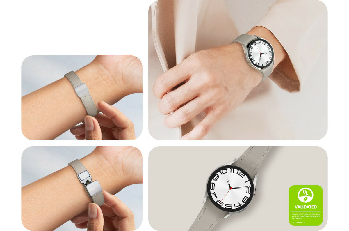 Pasek Samsung ET-SHR93 do Galaxy Watch 4/5/6 D-buckle ekoskóra S/M beżowy widoczny zegarek na ręku kobiety z różnej perspektywy