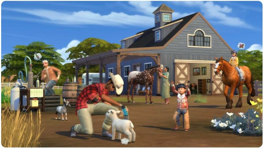 Gra Electronic Arts The Sims 4 Ranczo grafika przedstawia kadr z rozgrywki gry, simowie spędzający czas ze zwierzętami 