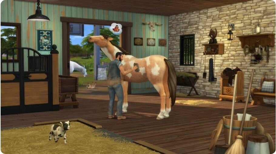 Gra Electronic Arts The Sims 4 Ranczo grafika przedstawia kadr z rozgrywki gry, sim czeszący konia