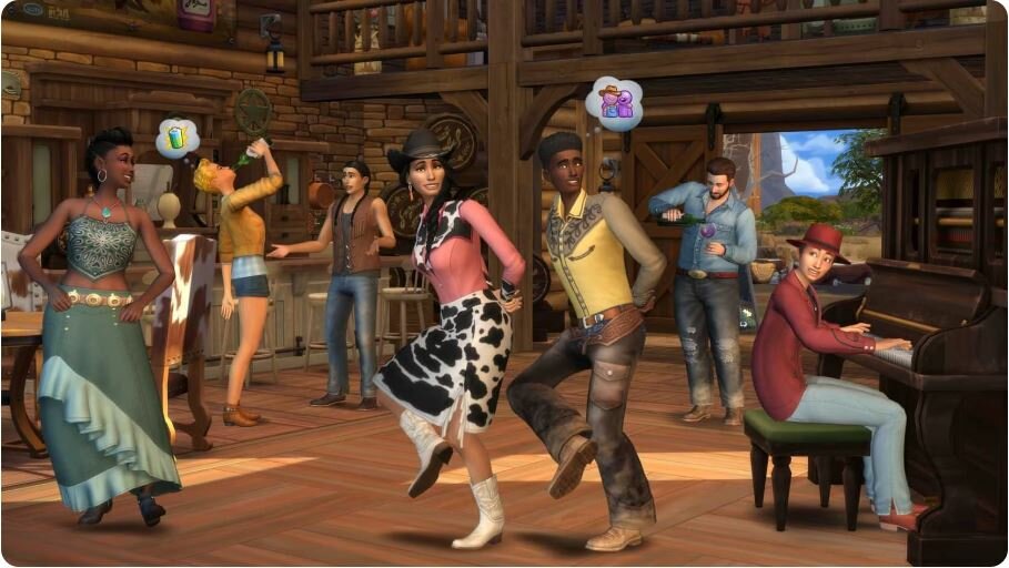 Gra Electronic Arts The Sims 4 Ranczo grafika przedstawia kadr z rozgrywki gry, simowie tańczący w barze