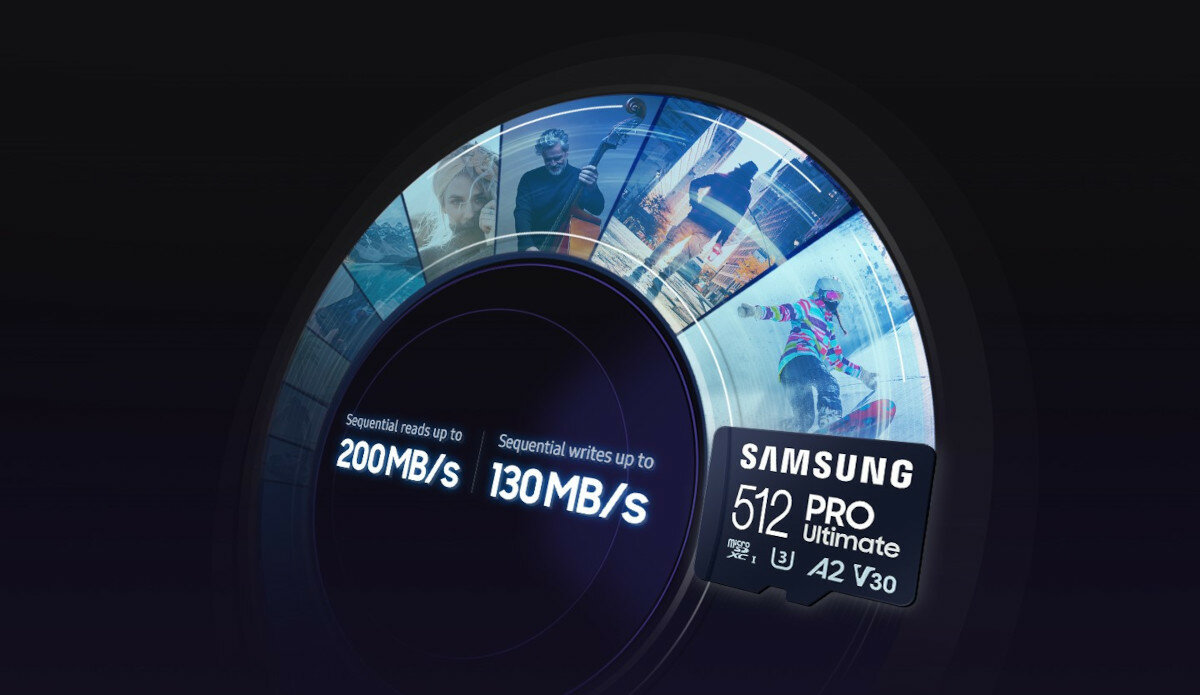 Karta pamięci Samsung Pro Ultimate microSDXC 512GB + czytnik grafika przedstawiająca szybkość odczytu i zapisu