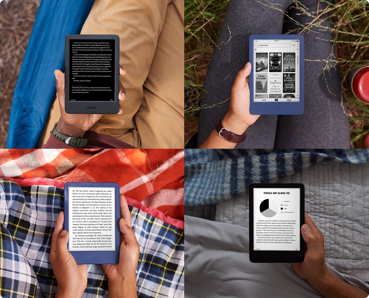 Czytnik ebook Amazon Kindle 11 16 GB czarny przestawiony od frontu na czterech różnych tłach 
